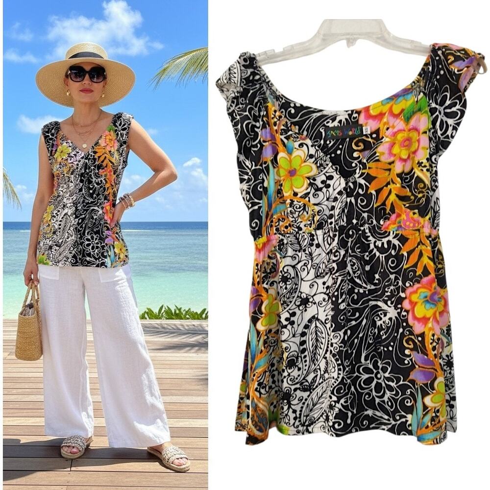 Vintage 90s Y2K Jams World Babydoll Top XS Multicolor Hawaiian Print Rayon